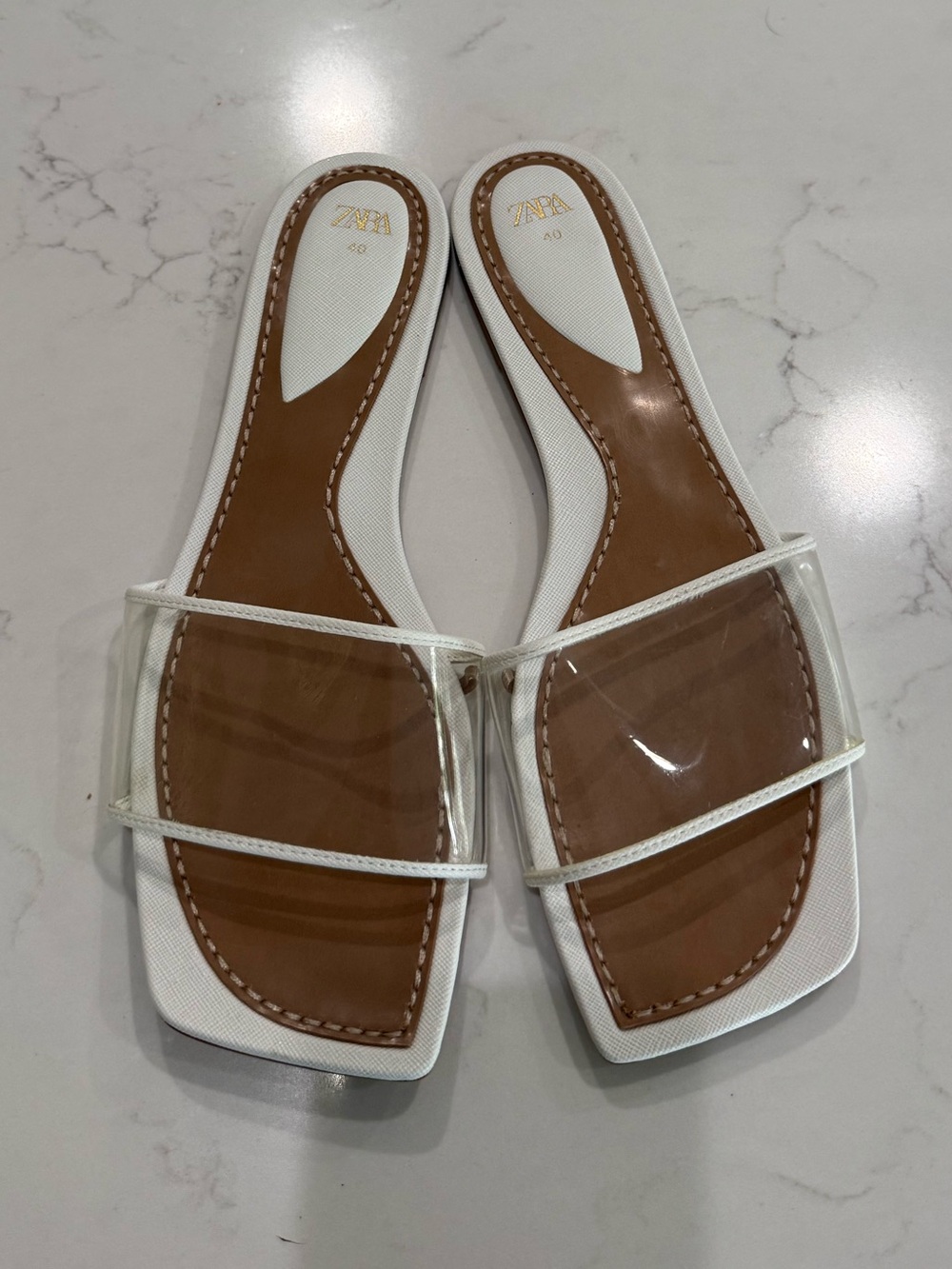 Never Worn Zara White Slide Sandals with Clear Straps and Brown Insole - Picture 2 of 5